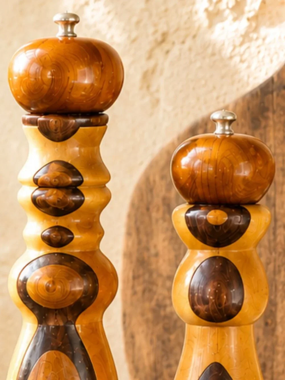 Rare Vintage Signed Sculptural Handcrafted Artisan Wood Salt & Pepper Mill Set